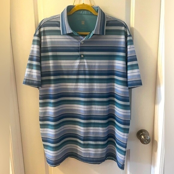 Hickey Freeman Golf Polo Shirt   Blue and Green Multi Stripe Size Large Casual - Picture 1 of 5